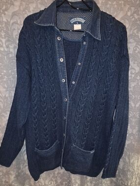 Vintage Blue Willi's Cable Knit Denim Look Cardigan Shirt Jacket Size Large Made